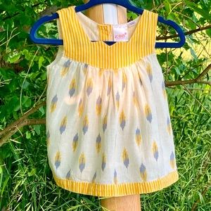 YO BABY: 3-6m girls sleeveless cotton dress in cream, grey and sunshine yellow.